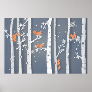 Poster Red Squirrels White Cypress Trees Papercut