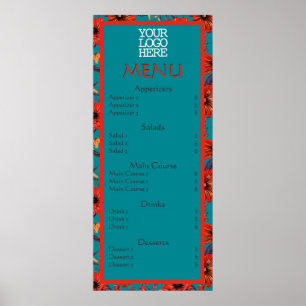 Poster Red Turquoise Floral Café Restaurant Menu