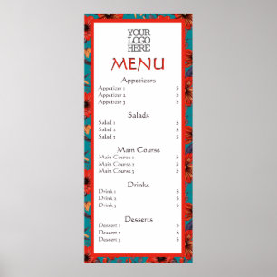 Poster Red Turquoise Floral Café Restaurant Menu