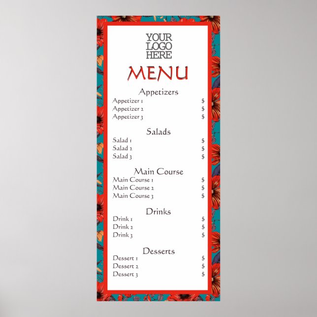 Poster Red Turquoise Floral Café Restaurant Menu (Devant)