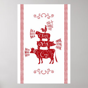 Poster Red Vintage Country Farmhouse Stoppée Animal de fe