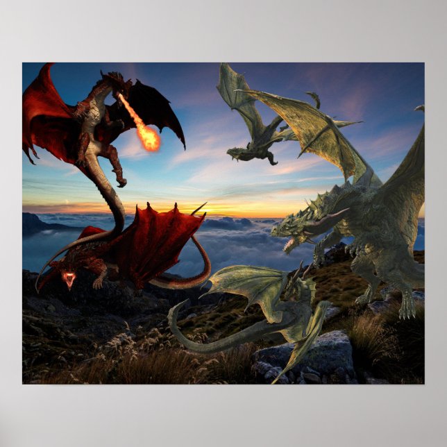 Poster Red vs Green Dragons Bataille Imaginaire Combat (Devant)