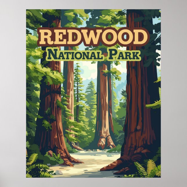 Poster Redwood National Park California Tree Retro (Devant)