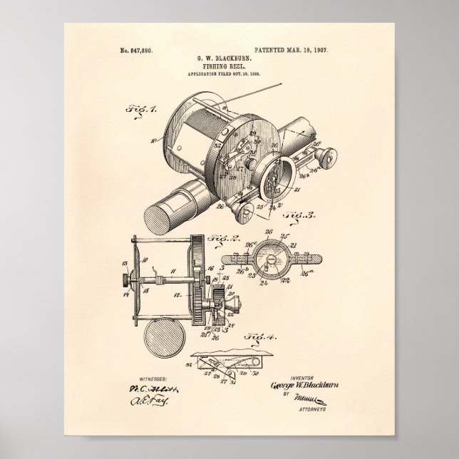 Poster Reel de pêche 1907 Brevet Art Vieux Poivre (Devant)