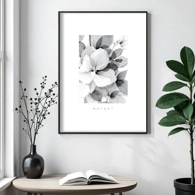 Poster Refined Black White Overlapping Leaves & Flowers (Refined Black & White Illustration of Overlapping Leaves and Flowers Posters.)