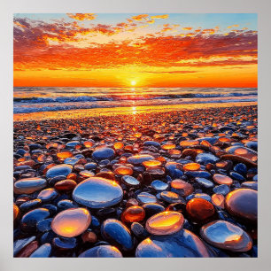 Poster Reflet de coucher de soleil vibrant sur des galets