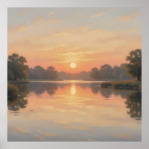 Poster Reflet du lac à l'heure dorée Impressionniste