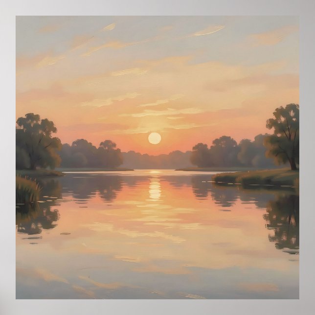 Poster Reflet du lac à l'heure dorée Impressionniste  (Devant)