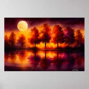 Poster Reflets d'Automne au Clair de Lune : Forêt de Nuit