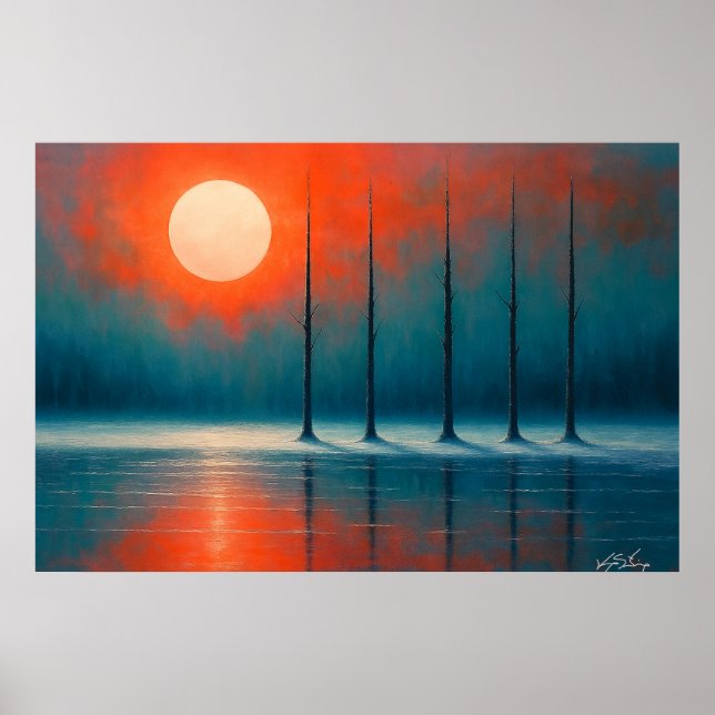 Poster Reflets du coucher de soleil avec des arbres dénud (Devant)