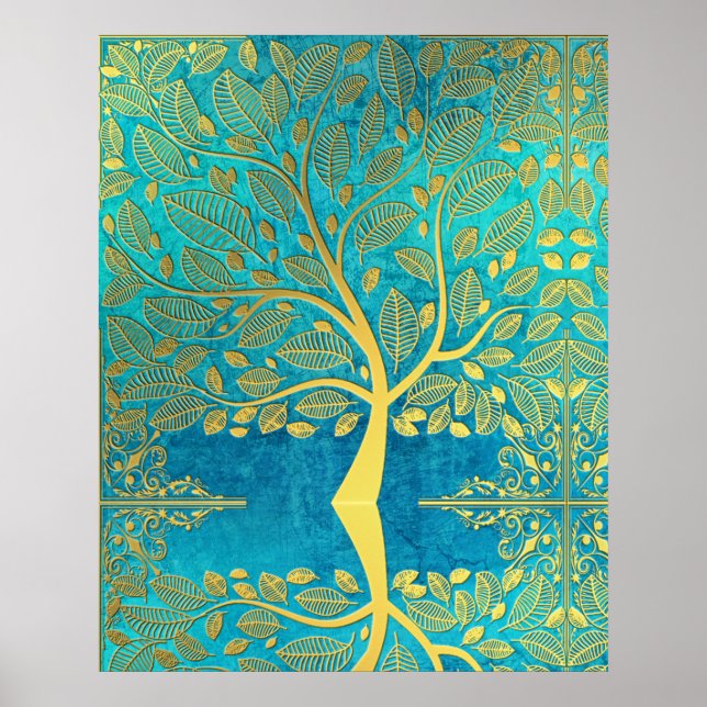 Poster Réflexion de l'arbre d'or sur Blue Peacock (Devant)