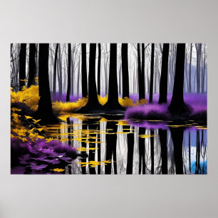 Poster Réflexion des arbres noirs et blancs et violet jau