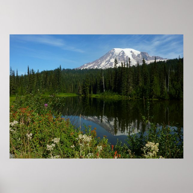 Poster Réflexion du lac Rainier avec Fleurs sauvages (Devant)