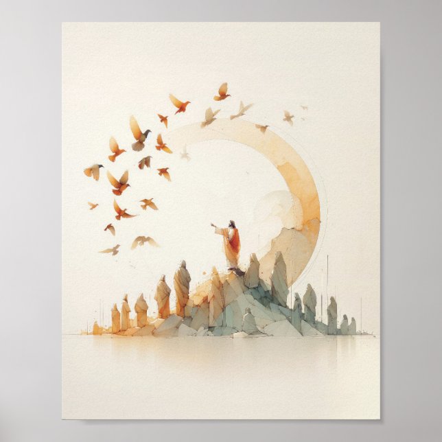 Poster Regardez les oiseaux - Aquarelle Jésus Bib de Noël (Devant)