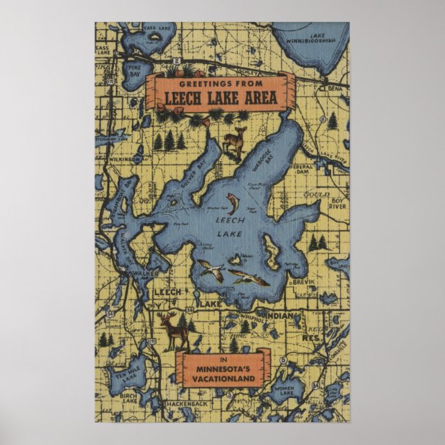 Poster Région du lac Leech, Minnesota - Scènes à grandes  (Devant)
