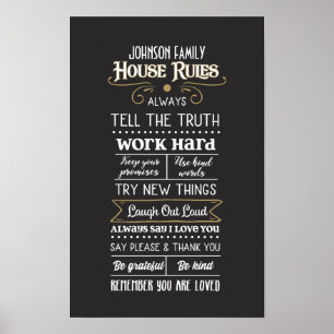 Poster Règles de la maison avec nom de famille White Gold