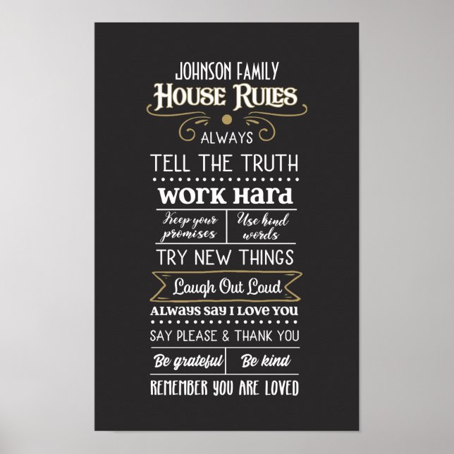 Poster Règles de la maison avec nom de famille White Gold (Devant)