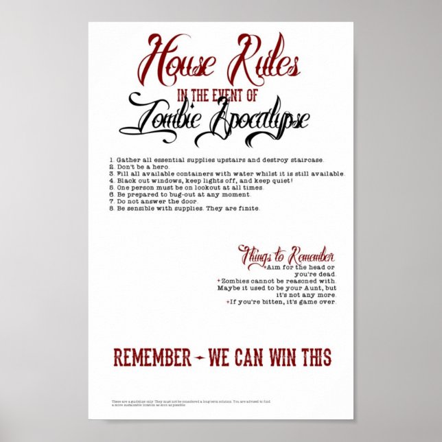 Poster Règles de la maison Zombie Apocalypse (Devant)