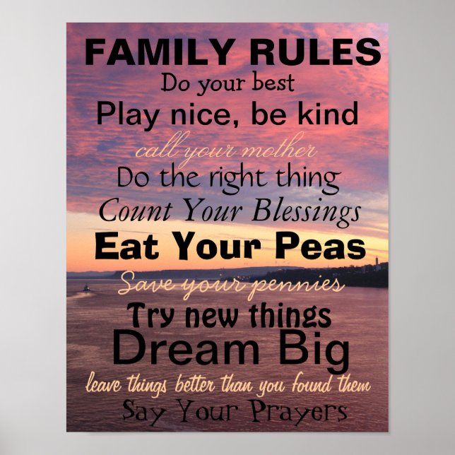 Poster RÈGLES FAMILIALES, Mots de sagesse, Coucher de sol (Devant)