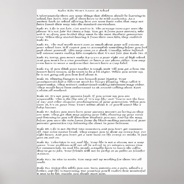 Poster Règles Les enfants n'apprendront pas (Devant)