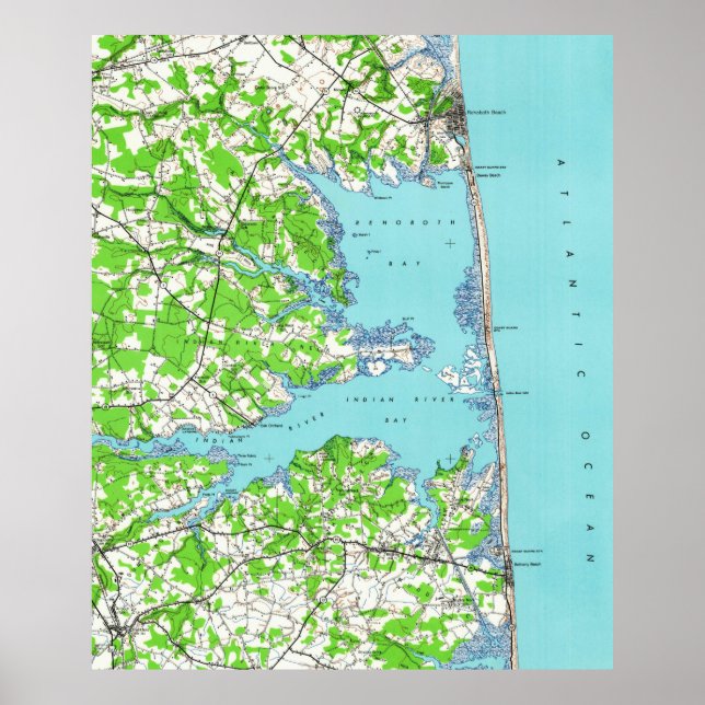 Poster Rehoboth Beach & Bethany Beach Delaware Map (1938) (Devant)