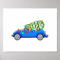 Reindeer driving a beetle with christmas treeb