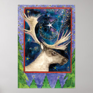Poster Reinder de Noël à la nuit avec une étoile brillant