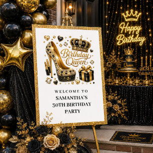 Poster Reine d'anniversaire en or noir classe Paillettes 
