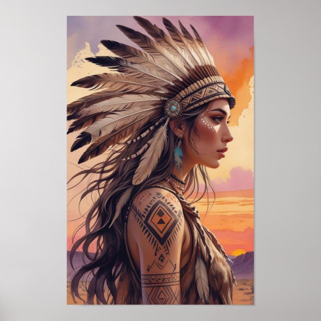 Poster Reine de la tribu Boho avec le chapeau de plume (Devant)