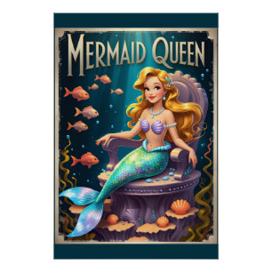 Poster Reine de sirène magique dessin animé art sous-mari