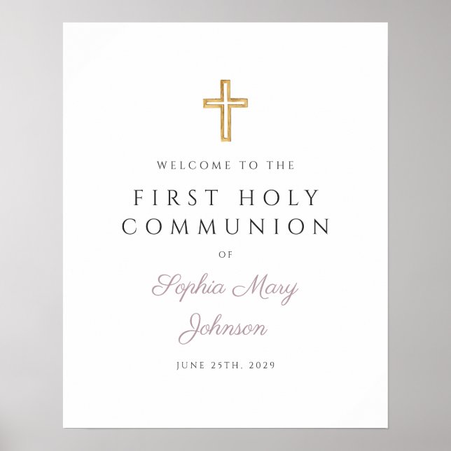 Poster Religieux Mauve Fille Première Communion Bienvenue (Devant)