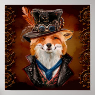 Poster Renard à la mouche en vêtements de steampunk. Dess