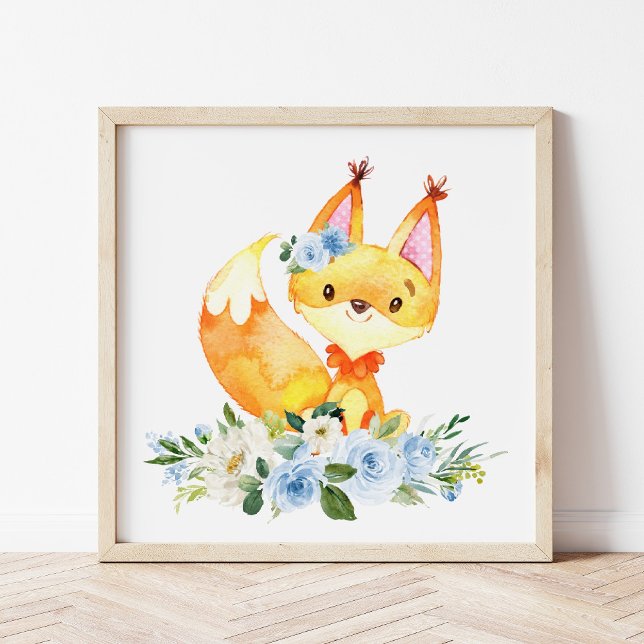 Poster Renard, Animaux des bois, Boho, Fleurs bleues (Créateur téléchargé)