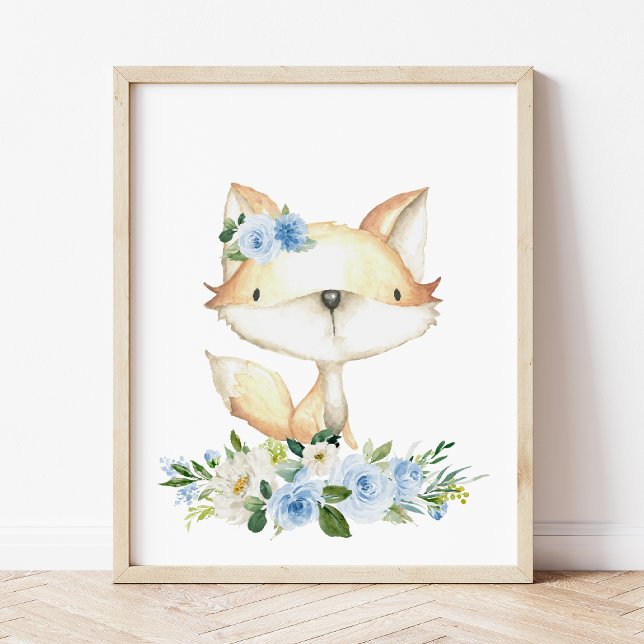 Poster Renard bébé, Animaux de bois, Boho, Fleurs bleues (Créateur téléchargé)