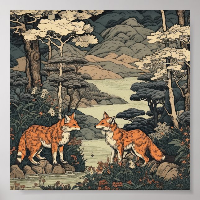 Poster Renard dans le paysage japonais (Devant)
