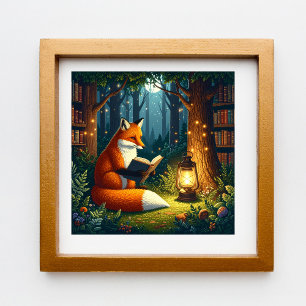 Poster Renard dans une bibliothèque magique de la forêt