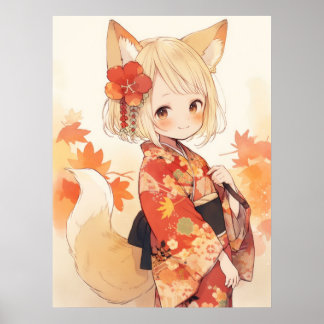 Poster Renard de Kawaii avec Kimono