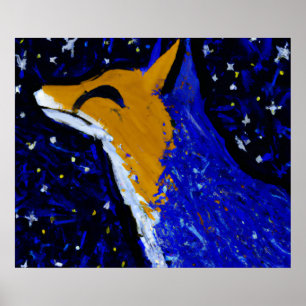 POSTER RENARD DE NUIT ÉTOILÉ II GUET AU CLAIR DE LUNE