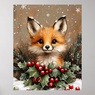 Poster Renard d'hiver avec houx et pin enneigé