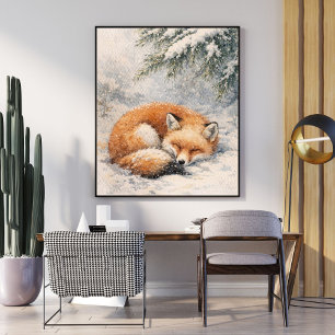 Poster renard endormi   illustration de renard d'hiver   