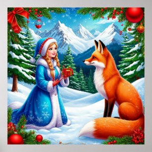 Poster Renard et jeune fille des neiges dans une scène de