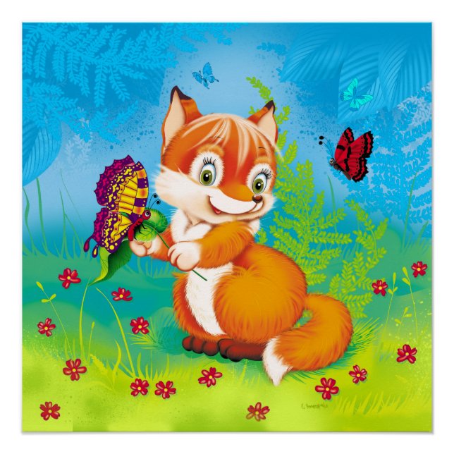 Poster renard et papillon (Devant)