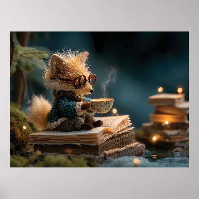 Poster Renard Fantaisiste Lisant un Livre et Buvant du Th (Devant)