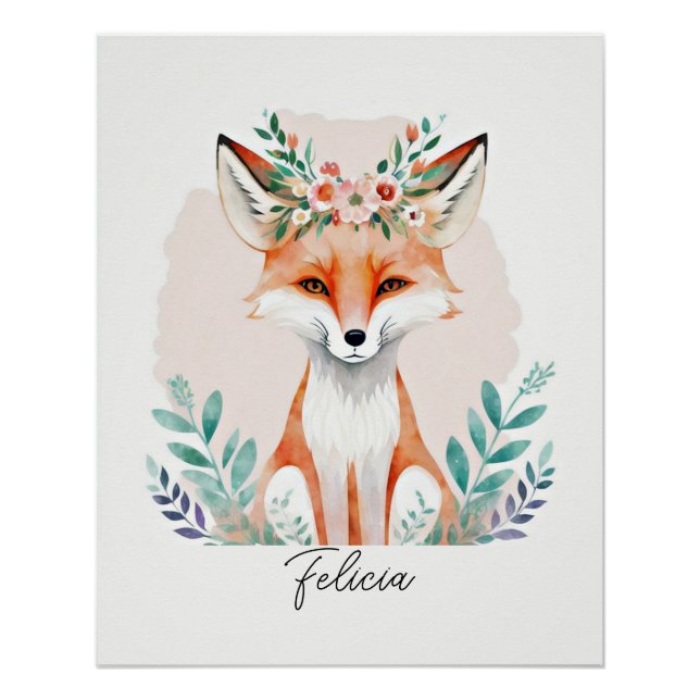 Poster Renard floral aquarelle personnalisé (Devant)