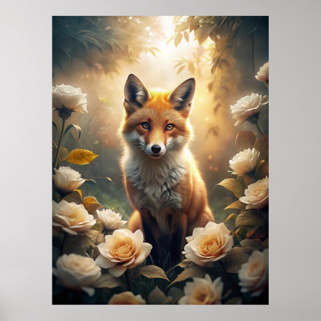 Poster Renard mignon avec fleurs (Devant)