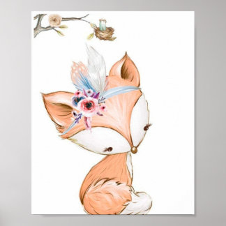 Poster Renard mignon portant un bandeau de fleurs.