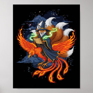 Poster Renard montant le phénix anime ukiyo-e mythologie