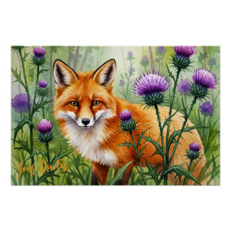 Poster Renard parmi les fleurs de chardon violet Aquarell