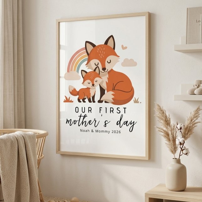 Poster Renard pastel Maman Bébé Premier Jour de la Fête d (Créateur téléchargé)
