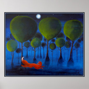 Poster Renard rouge avec des arbres dans la nuit.